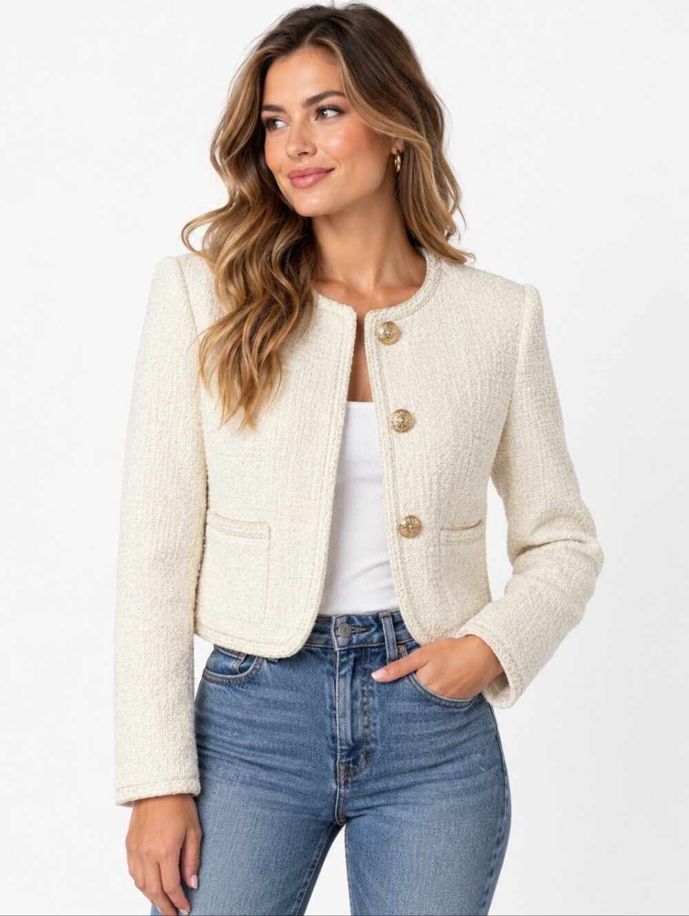 Urban Revivo Ivory Bouclé Tweed Cropped Jacket Gold Buttons S NWT